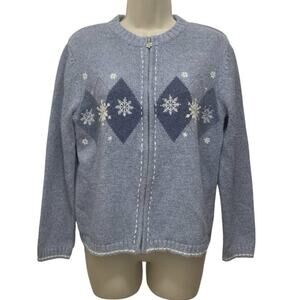 Croft & Barrow Petite Blue Snowflake Zip Cardigan Sweater PS